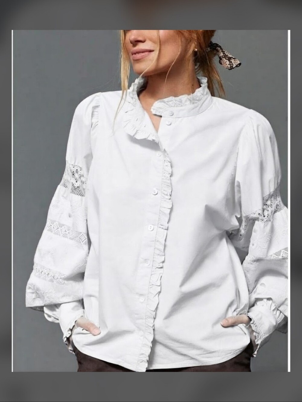 LOVE THE LABEL Womens White Cotton Lace Eyelet Puff Sleeve Blouse Shirt M